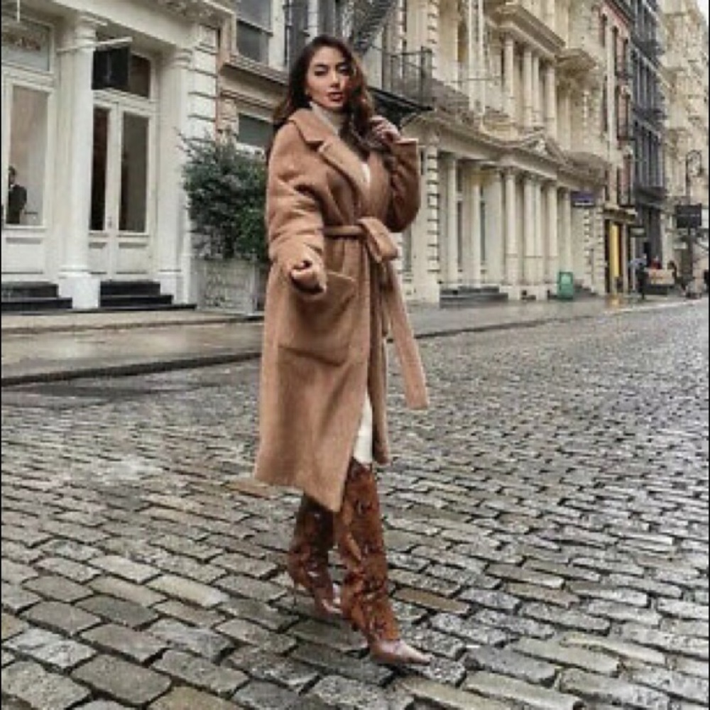 ZARA FAUX FUR BELTED COAT w/ SLITS ON SIDES BROWN